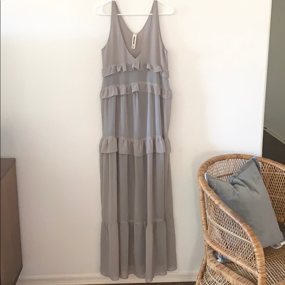 Amadi Anthropologie Taupe Ruffle Maxi Dress - Picture 1 of 5